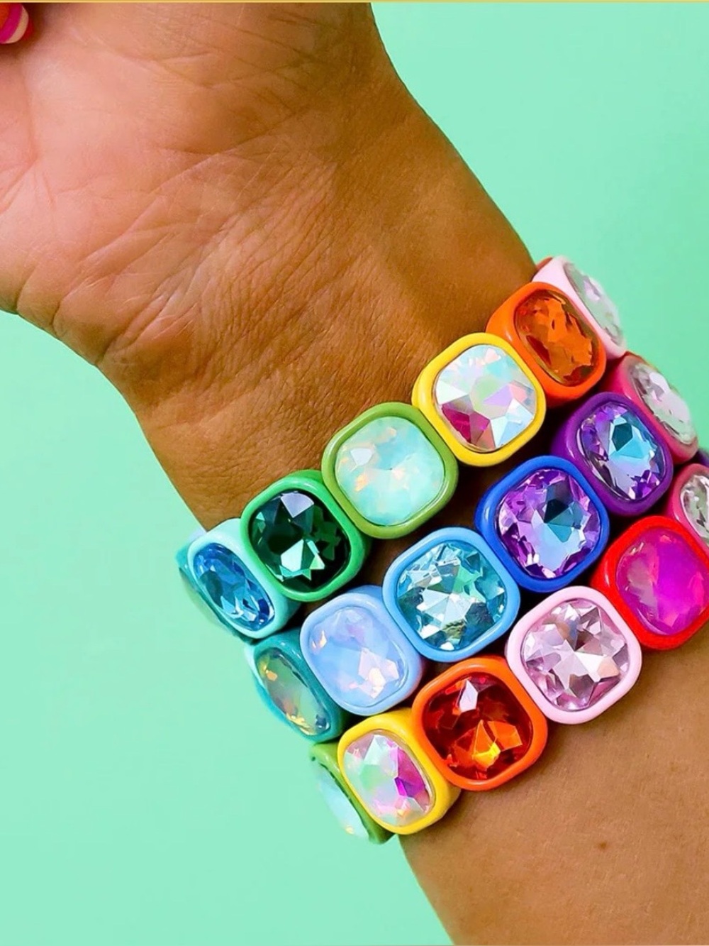New Multi-colored Square Crystal Gemstone Rhinestone Jeweled Stretch Bracelet